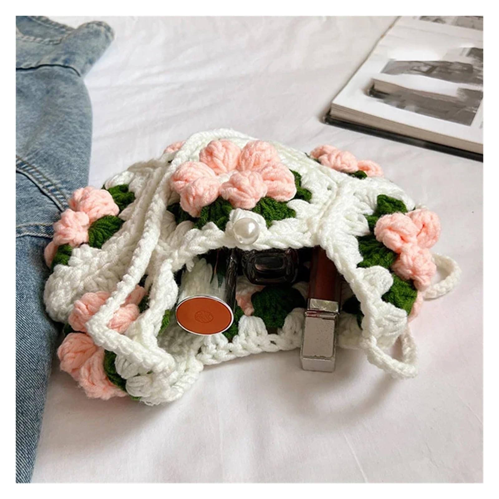 Bolso De Punto Con Flores Bolso de punto de verano for niñas, pequeño bolso bandolera con flores frescas, informal, de calle, tejido a mano, for mujer