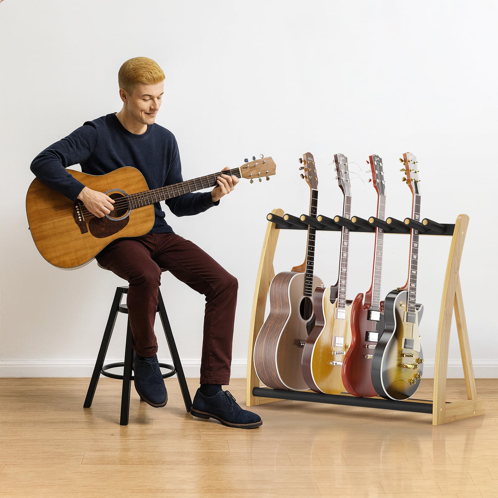 Multi-Gitarrenständer, strapazierfähig, Holzbodenständer für E-Gitarre und Bass, verstellbarer, rutschfester Gitarrenständer, hält mehrere Gitarren und Bässe (E-Gitarrenständer, Bassständer