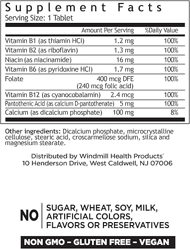 Miniatura 2 de Windmill Natural Vitamins Complejo B (100% valor diario), aumenta la producción de energía y promueve el metabolismo, 100 tabletas, 100 porciones