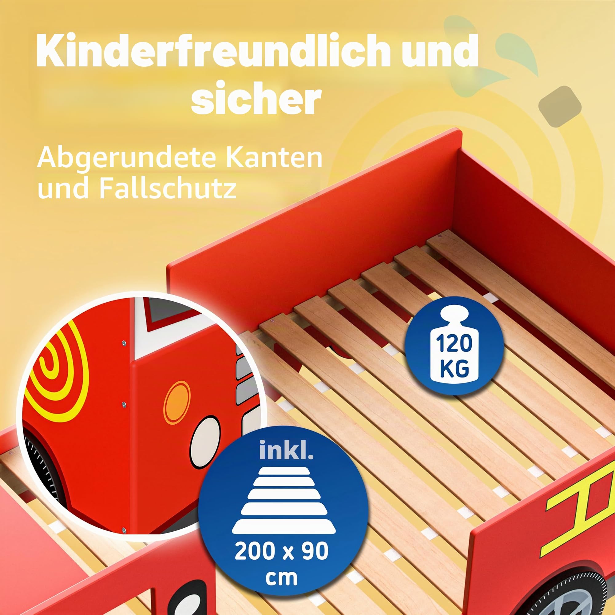 CASARIA Kinderbett 90 x 200 cm mit Rausfallschutz Lattenrost 120 kg | Bis 120 kg belastbar, stabiles MDF-Verbundholz, mit Echtlicht Sirene, 3D Lenkrad, Feuerwehr-, Jugend-, Auto- Bett