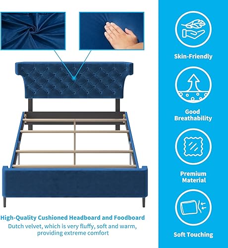 Miniatura 4 de Mjkone Base de cama de terciopelo tamaño Queen cama tapizada de tamaño Queen con cabecera copetudabase de colchón con soporte de listones de madera