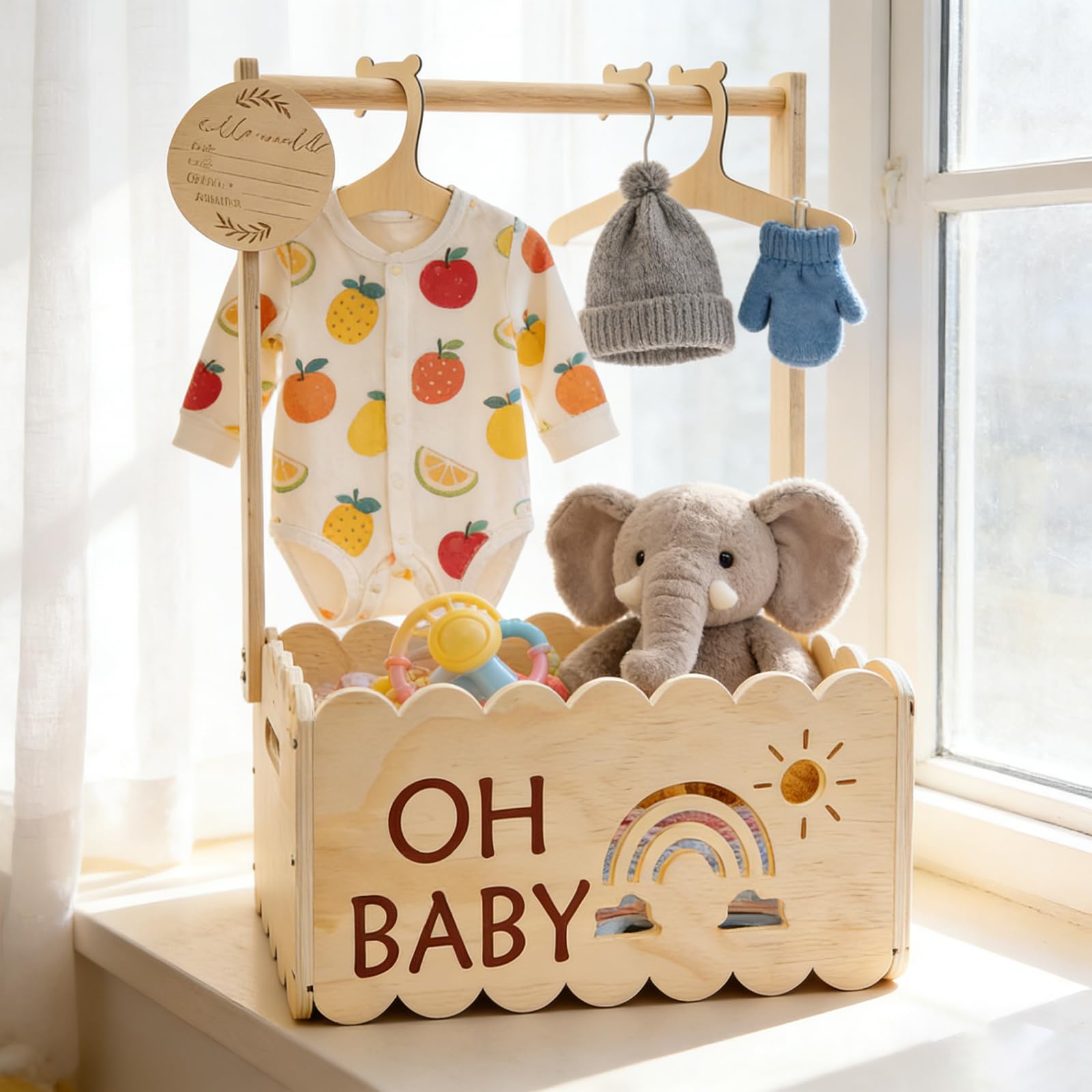 Cadeau de fête prénatale en bois avec poignée - Panier de rangement pour bébé - Panier cadeau en bois pour nouveau-né - Pour nouveau-né - Idéal pour les couches, les vêtements et les jouets (couleur