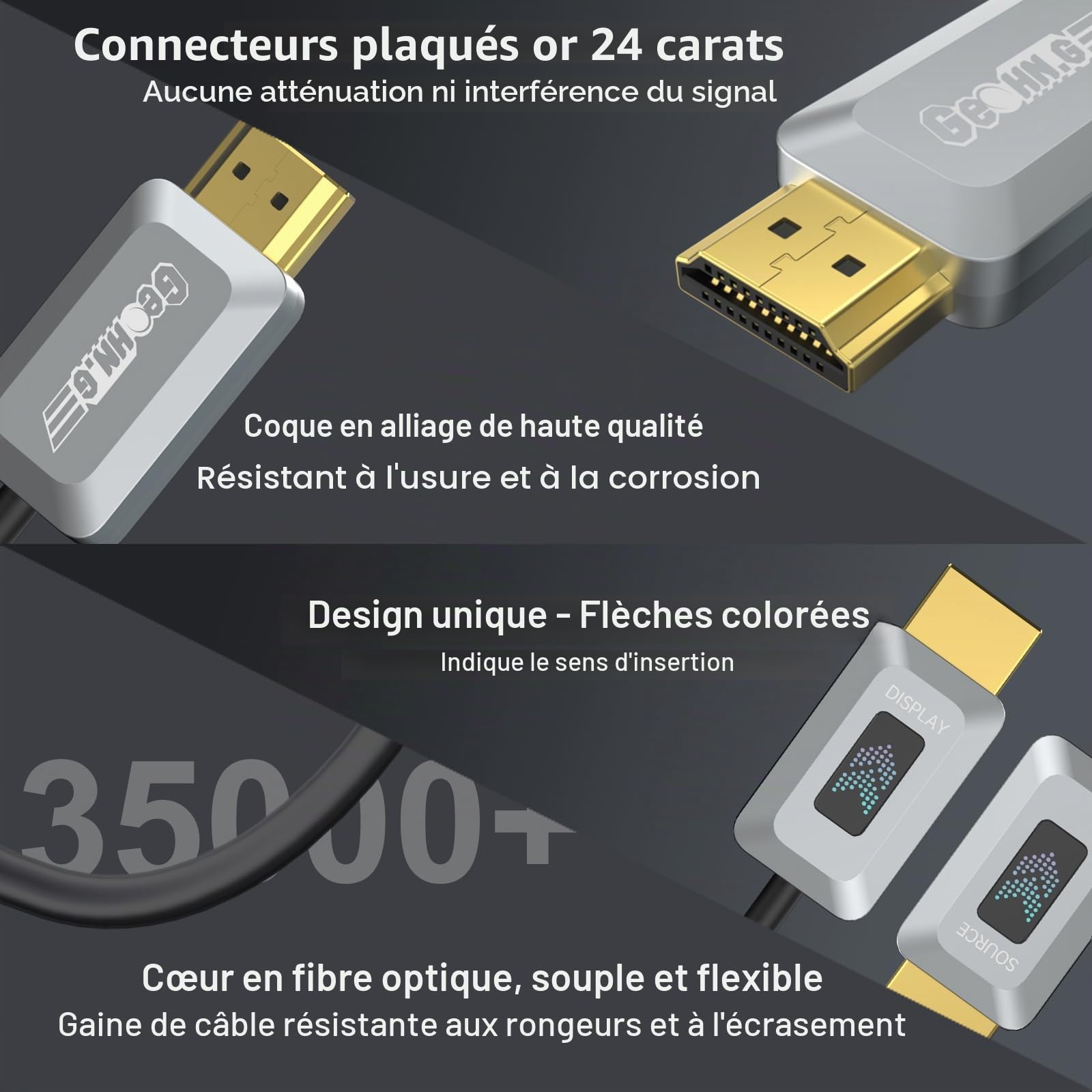 GeoHN.G Câble à fibre optique HDMI 8K 20 M, câble HDMI 2.1 haute vitesse certifié 48 Gbit/s, prend en charge 8K à 60 Hz, 4K à 120 Hz/144 Hz eARC Dolby HDCP 2.2 et 2.3 HDR10 RTX 3080, compatible avec