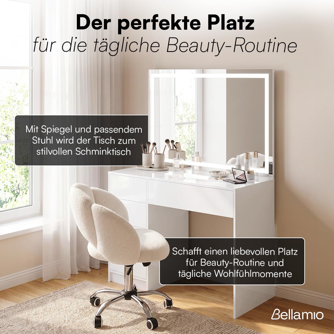 Bellamio Livny Schreibtisch Hochglanz Weiß mit 5 Schubladen, Bürotisch | Schminktisch, Jugendschreibtisch, 80x53x110 cm, Schubladen beidseitig montierbar, Schreibtisch mit Stauraum, White Desk
