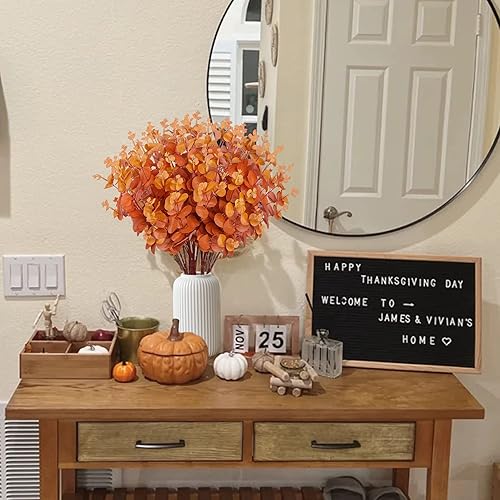 Miniatura 2 de Sggvecsy 3 piezas de hojas artificiales de eucalipto de otoño, ramas de eucalipto falsas de seda sintética, tallos de eucalipto de color naranja y