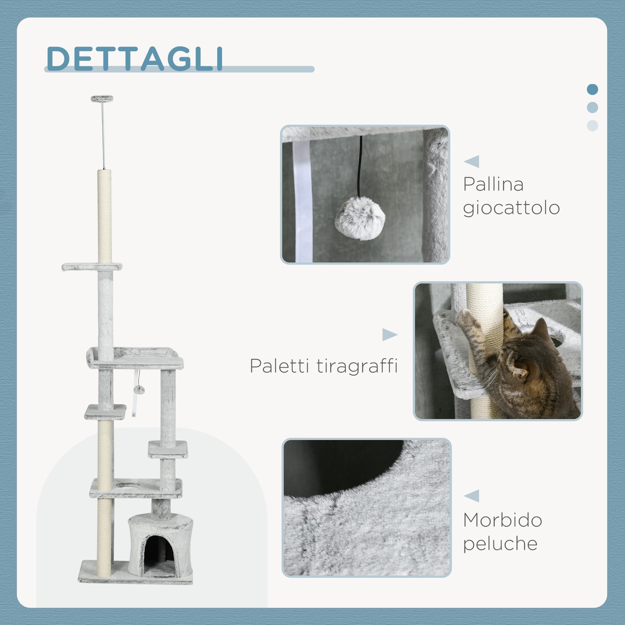 PawHut Tiragraffi per Gatti a Soffitto con Casetta 60x40x225-255cm Grigio | Albero per Gatti da Pavimento, 6 Livelli, Pali Tiragraffi