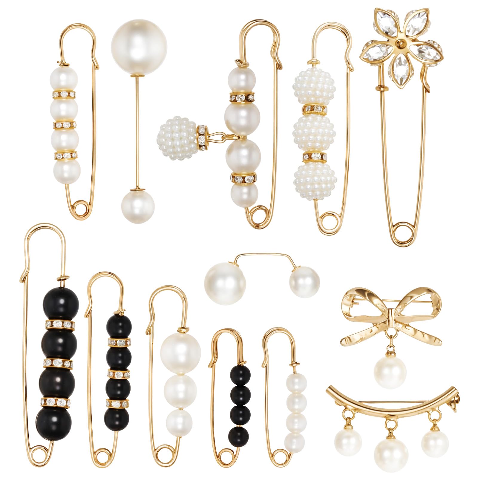 Tyqour 13 Pieces Pearl Crystal Brooch Safety Pins, Pant Waist Tightener Pins Pearl Brooch Button Pin for Clothes Sweater Shawl Collar Dress Cardigan Shirt Jeans Accessories for Women Girls