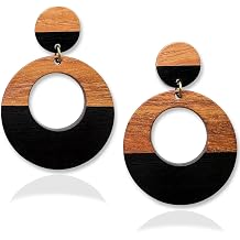 Wood Earrings for Women, Wooden Earrings Dangle Brown Black Round Geometric Simple Lightweight Resin Drop Statement Earrings