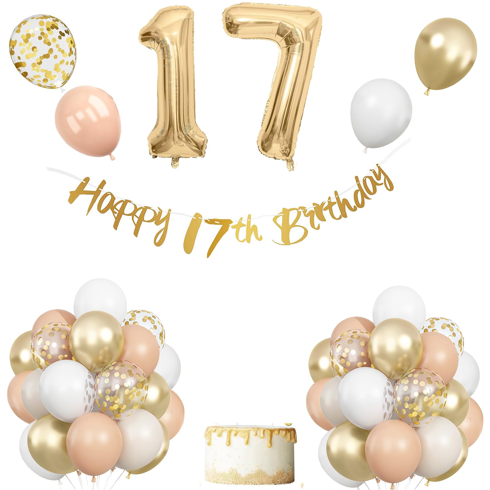 17th Birthday Decoration for Girls,17th Birthday Decorations Girl, Beige White Gold Balloons With Happy 17th Banner, Cake Topper, Number 17 Foil Balloons for Boy Girl Party Decoration — image 1