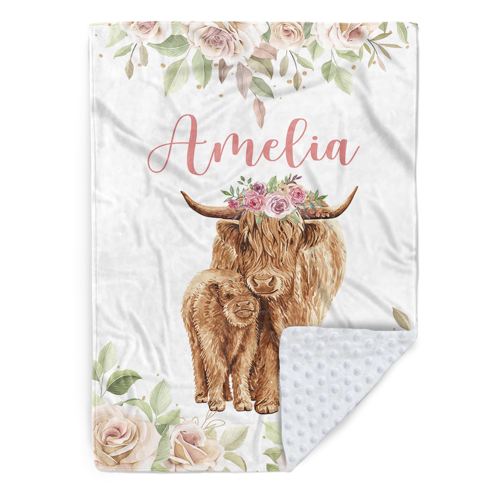 Mybbao Personalized Baby Blanket, Double Layer Soft Custom Blankets for Newborn Boys Girls with Name, Flannel Customized Throw Blanket Highland Cow Dot Back for Baby Shower, Birthday Gifts