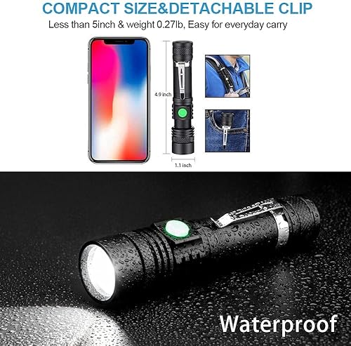 Miniatura 5 de Hoxida Linterna táctica LED, linterna LED súper brillante, recargable de 2000 lúmenes altos, linterna LED de tamaño bolsillo con clip, IPX6