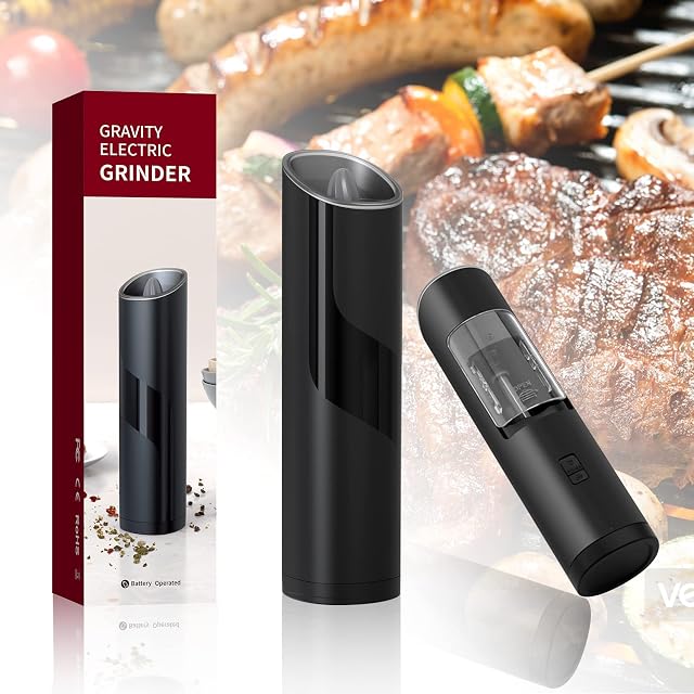 Electric Salt and Pepper Grinder Set, Salt and Pepper Mill Set, Automatic Seasoning Mills Stainless Steel,Adjustable Grind Coarseness, One Touch Operation | Battery Powered, with LED Light, 2 Pack