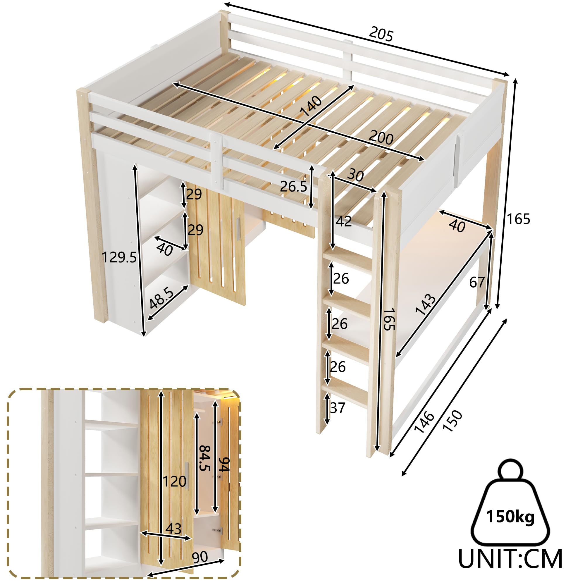Cama alta, con luces LED, armario, estantería, sin colchón, color blanco y natural (140 x 200 cm)