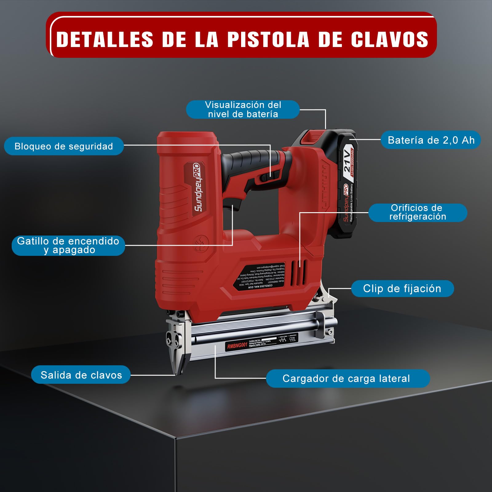 Clavadora a Batería 21V - 2 en 1 Clavadora Electrica de Clavos con 2 x 2.0Ah Baterías, 180 Clavos/min, Grapadora Electrica con 600 Clavos 18GA y 2.000 Clavos U para Tapicería y Carpintería