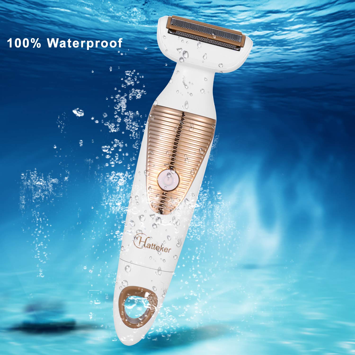 Hatteker shaver submerged in water, indicating 100% waterproof feature