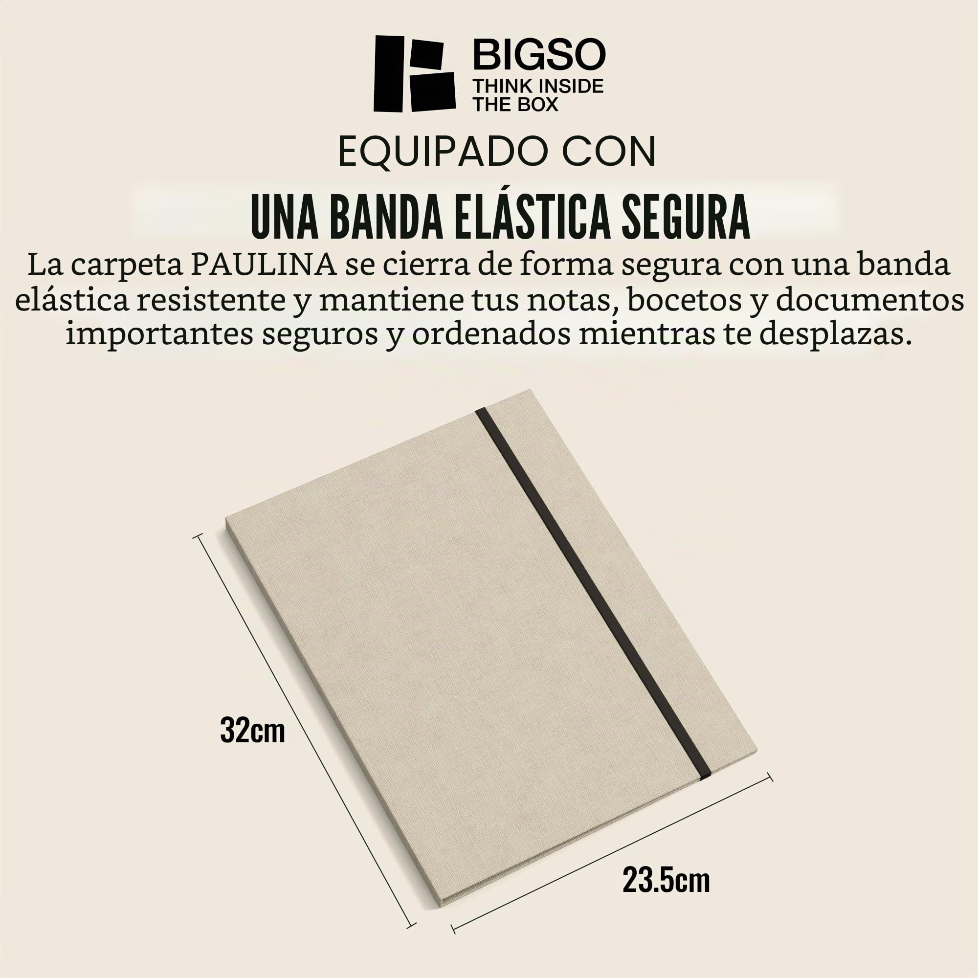 BIGSO PAULINA Carpeta A4 con banda elástica, cartón y papel lino, para documentos y archivos, color beige