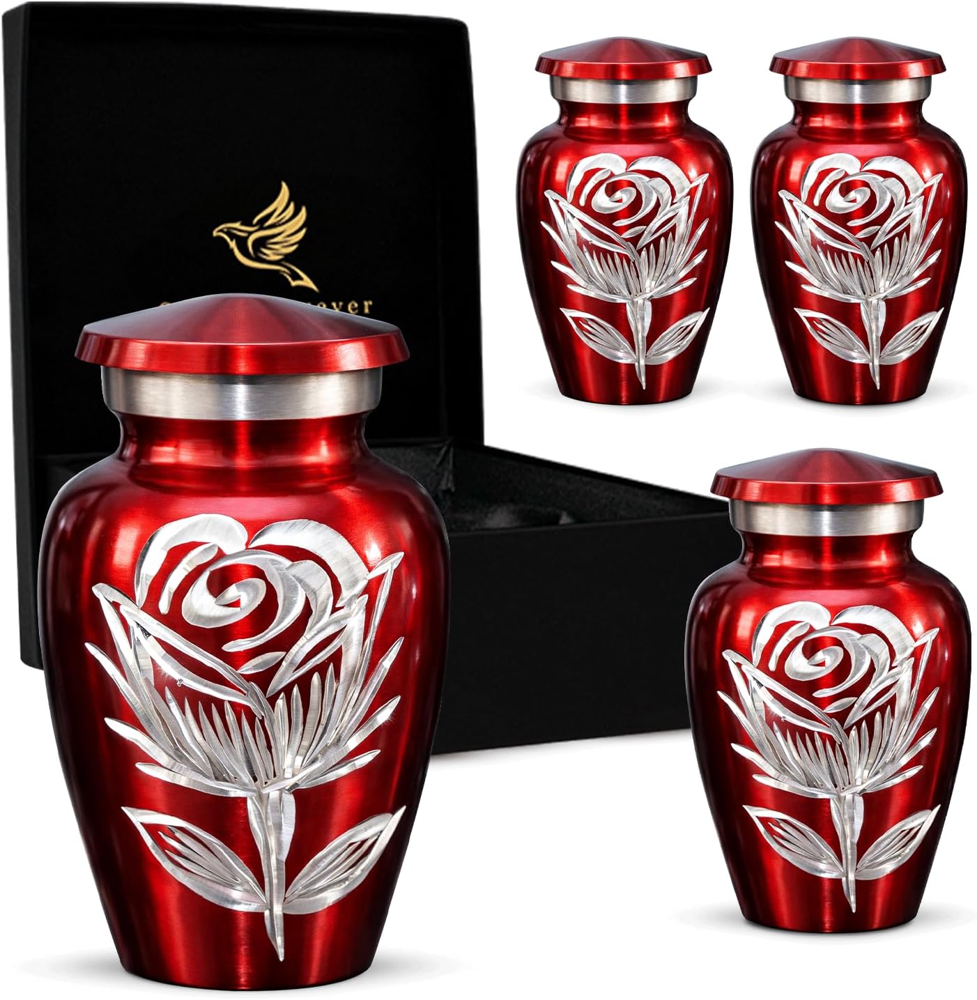Red Rose Urns - Keepsake Urns for Human Ashes Set of 4 with Box & Bags - Handcrafted Mini Urns - Small Urns for Ashes - Honor Your Loved One with Small Cremation Urns - Red Urns for Men & Women