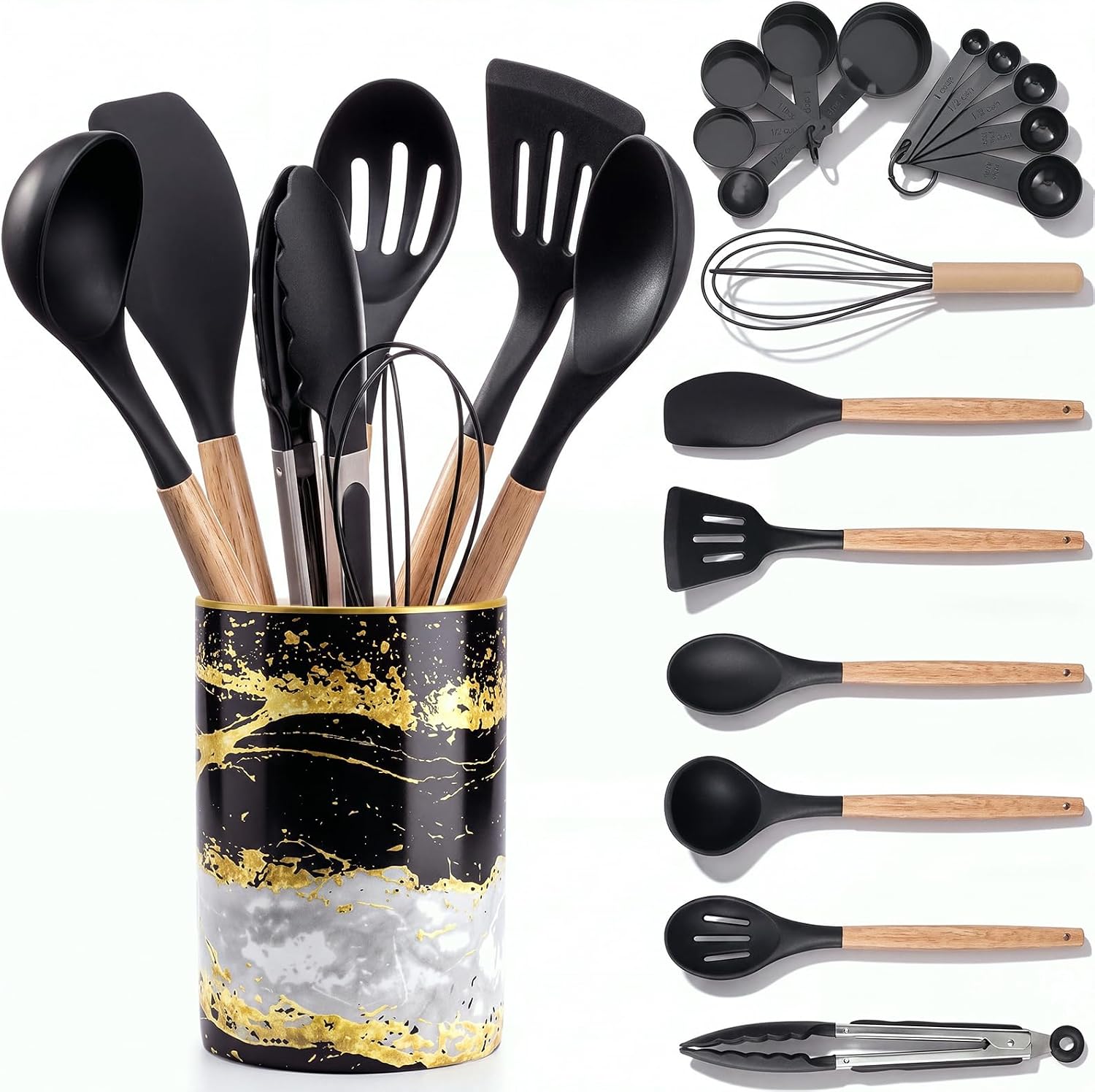 10 Pcs Black and Gold Kitchen Utensils Set Marble Ceramic Holder