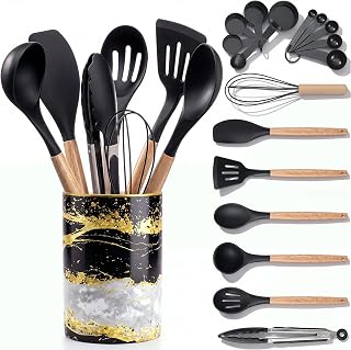 10 Pcs Black and Gold Kitchen Utensils Set Marble Ceramic Holder | Heat Resistant Silicone Cooking Tools, Nonstick Cookware Safe, Spatula Spoon Tongs Whisk, Wooden Handles, for Modern Kitchen