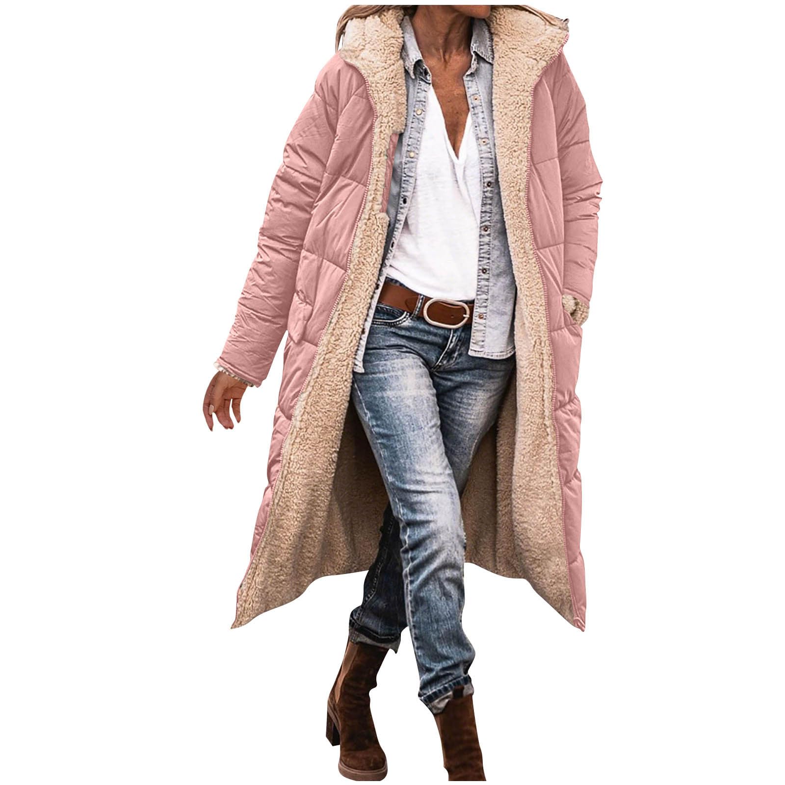 Damen Langer Wintermantel mit Kapuze Reißverschluss Taschen Warm Gefütterte Jacke Frauen Winterparka Zweifach Tragbar Lange Steppjacke für Alltag Büro Reisen Outdoor