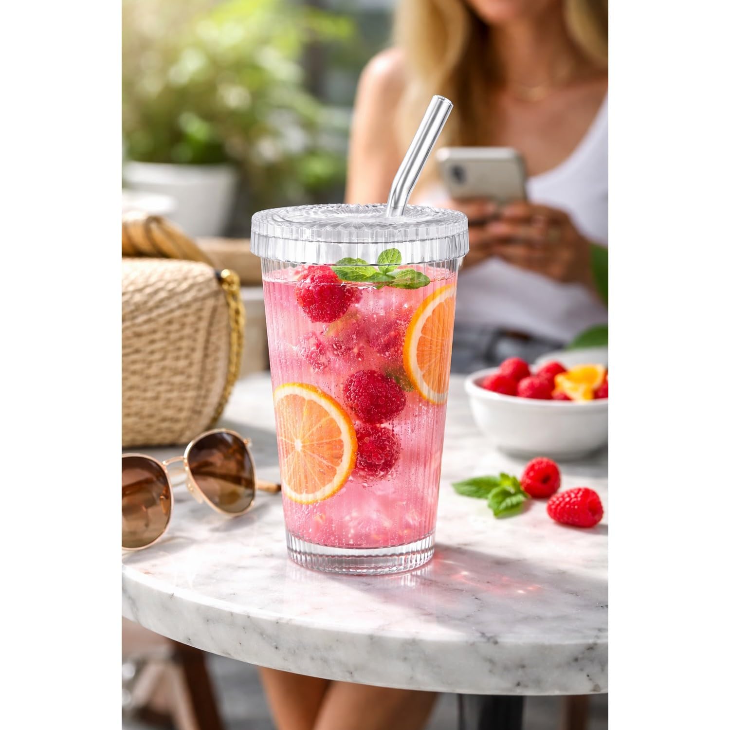 UGU ZONE Stripe Glass Tumbler 380 ml (12.5 oz) with Lid & Straw, Vertical Ribbed Drinking Glass Cup for Iced Coffee Water Milk Tea Juice, Reusable Glass Cup (A-Stripe) 1