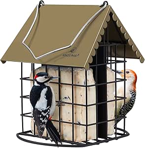 Kingsyard Double Suet Bird Feeder with Weatherproof Roof & Perch, All Metal, Suet Cakes Cage Bird Feeder for Outdoors Hanging, Easy to Clean & Refill, Brown asin的图片