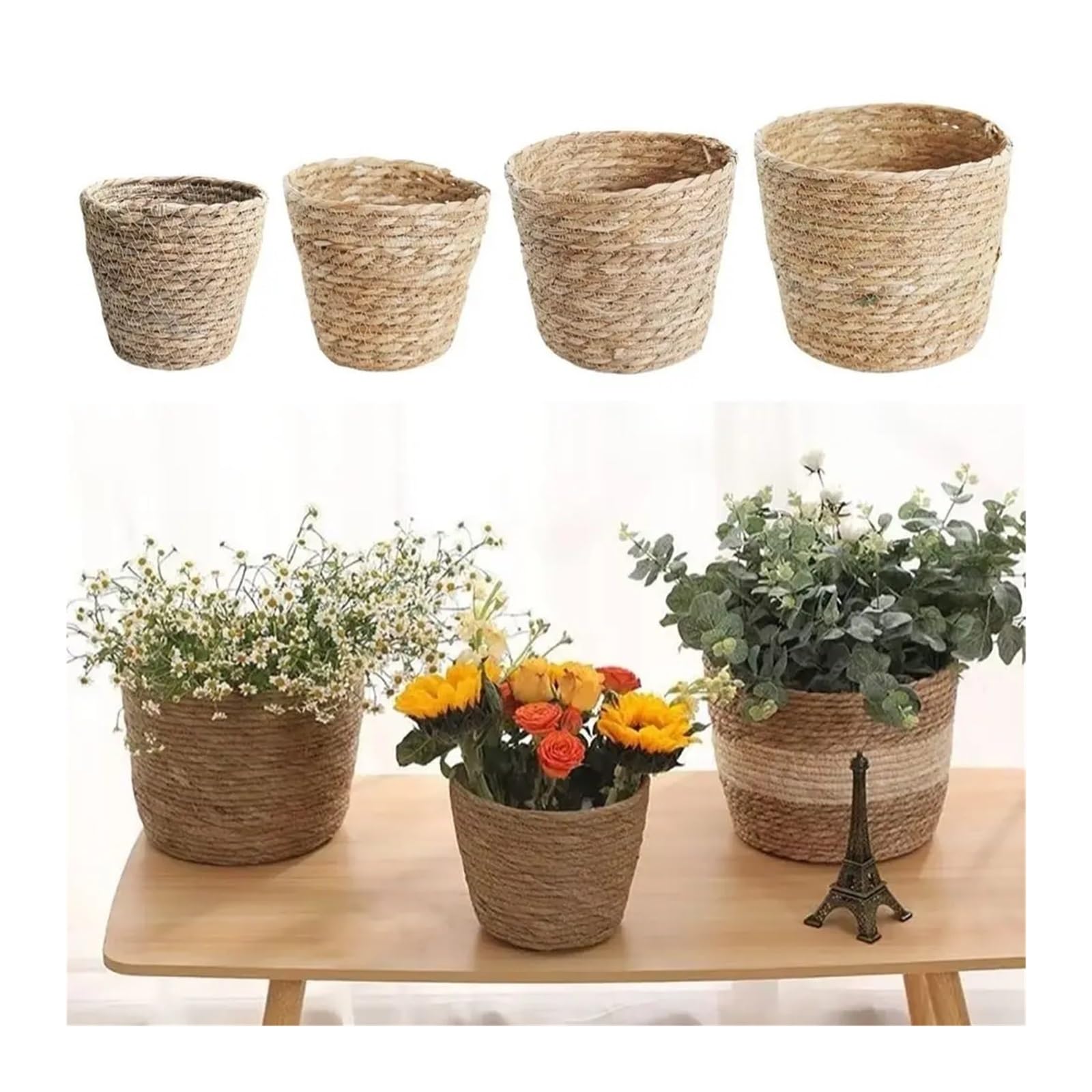Wiklinowy kosz piknikowy, Rattan Straw Woven Basket Planter For Garden Indoor Outdoor Plants Multiple Sizes(Medium)