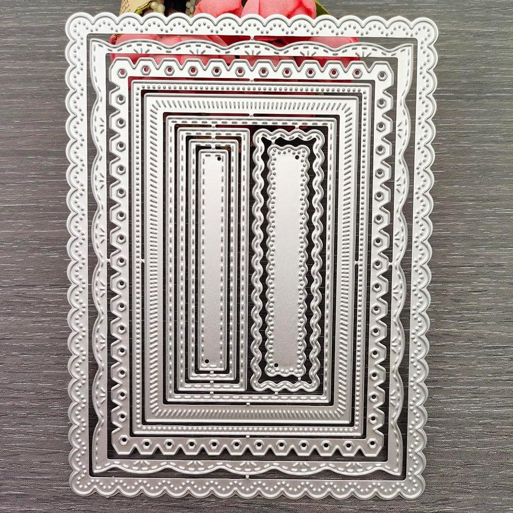 Kashoer Nested Rectangle Stitched Scallop Metal Cutting Dies - DIY Etched Stencils for Card Making, Scrapbooking, Embossing (Style A)