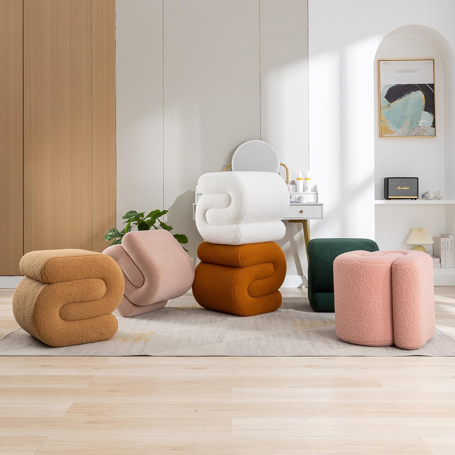 FOXHUNTER Modern Teddy Upholstered Ottoman Coffee Stool