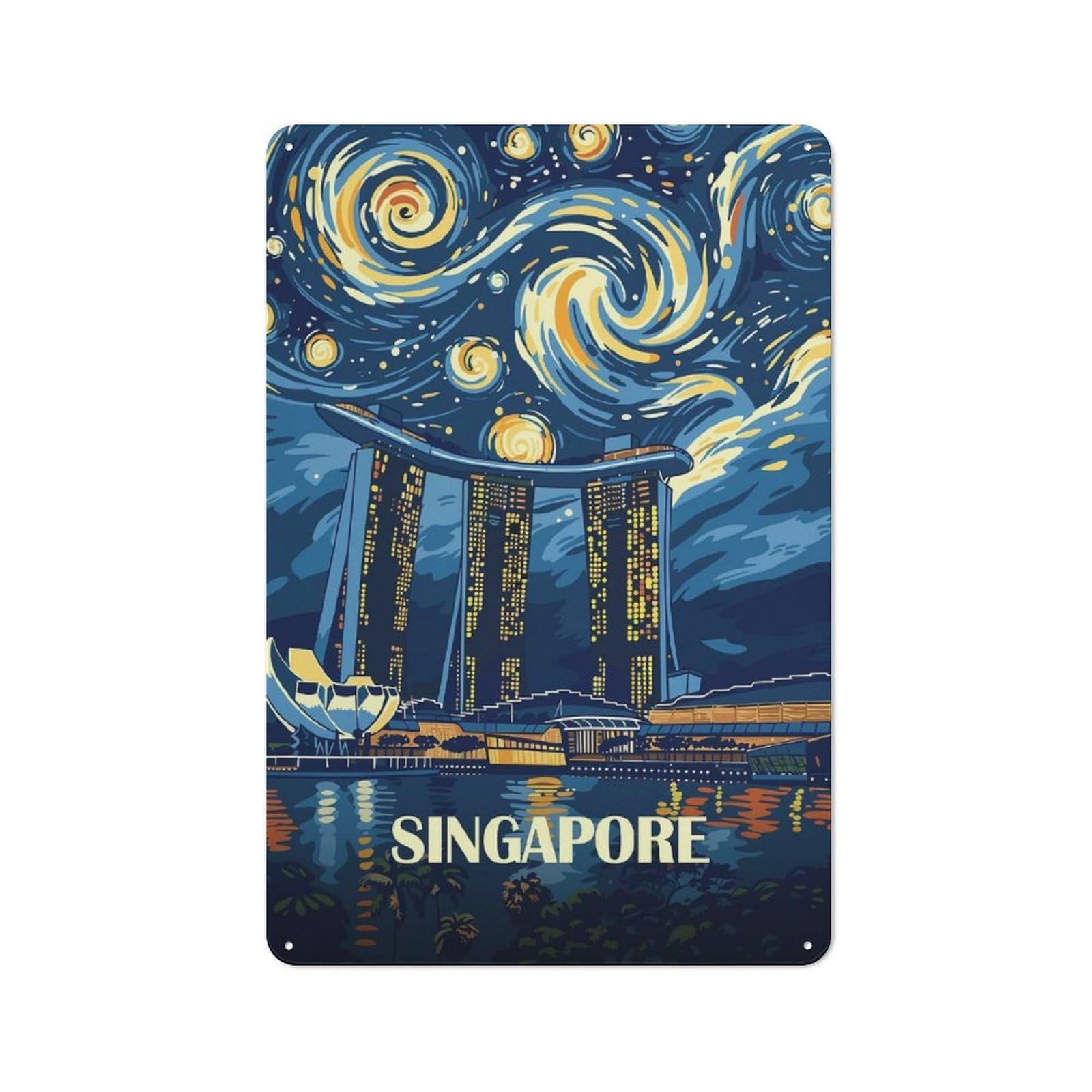 Singapore Cityscape Starry Night Art Metal Wall Plaque 30x20cm, Character Room Wall Plaque for Hallway, Home Bar, Garage Or Study