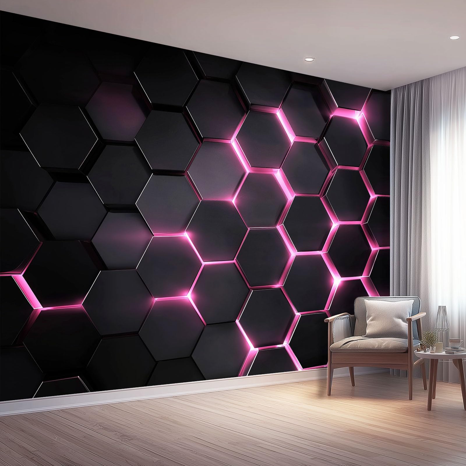 Minimalist Geometric Theme Wall Mural Wallpaper 400 x 280 cm (WxH), Futuristic Hexagon Lines Pattern, Dark Grey Poster 3D Wall Mural Photo Wallpaper Decoration for Bedroom Living Room Hallway