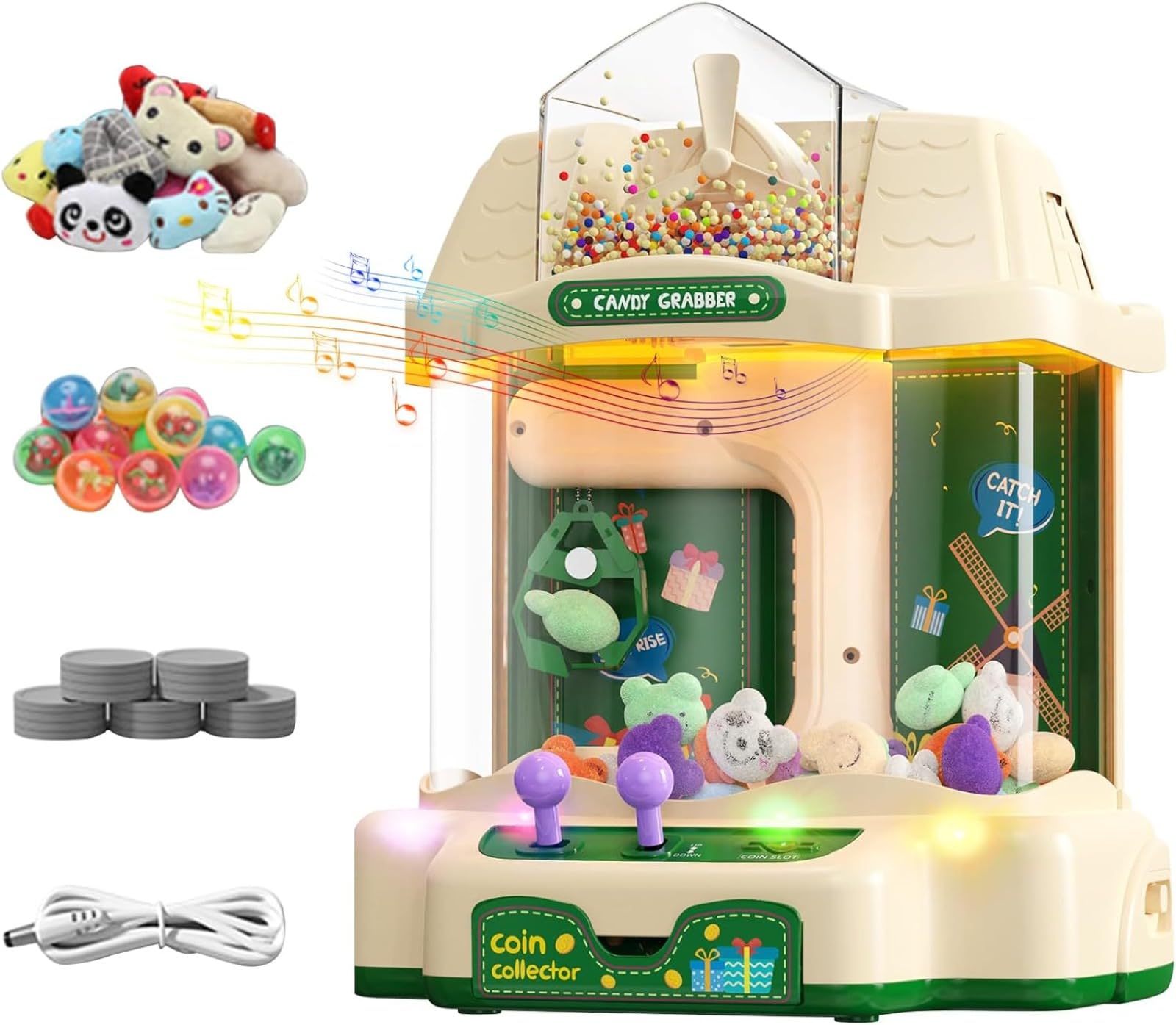 Claw Machine for Kids, Mini Candy Grabber Prize Dispenser Vending Toys Electronic Arcade Game with Lights, Sound and pinwheel for Kids Boys Girls Party & Birthday