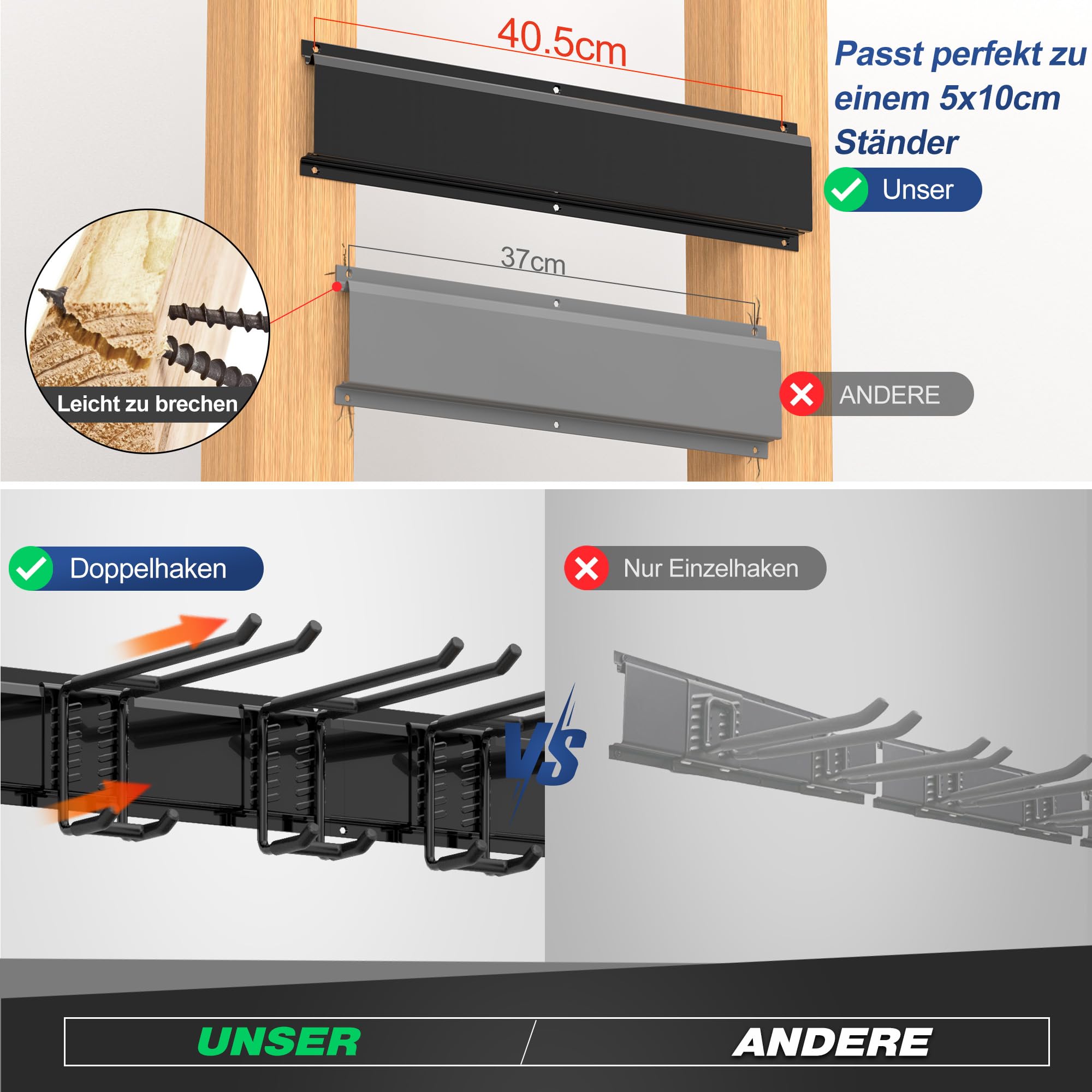 Sttoraboks Werkzeug-Wandregal, verstellbar Wandhalterungen für Garage und Garten mit 8 Haken & 3 Schienen, Hochbelastbares Werkzeugregal bis 204kg, für Garage, Garten, Ski, Besen, Rechen