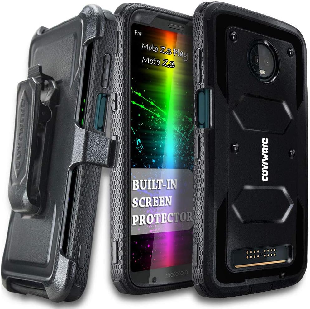 Aegis Series Case for Moto Z3 Play/Moto Z3 with Built-in [Screen Protector] Heavy Duty Full-Body Rugged Holster Armor Case [Belt Swivel Clip][Kickstand], Black
