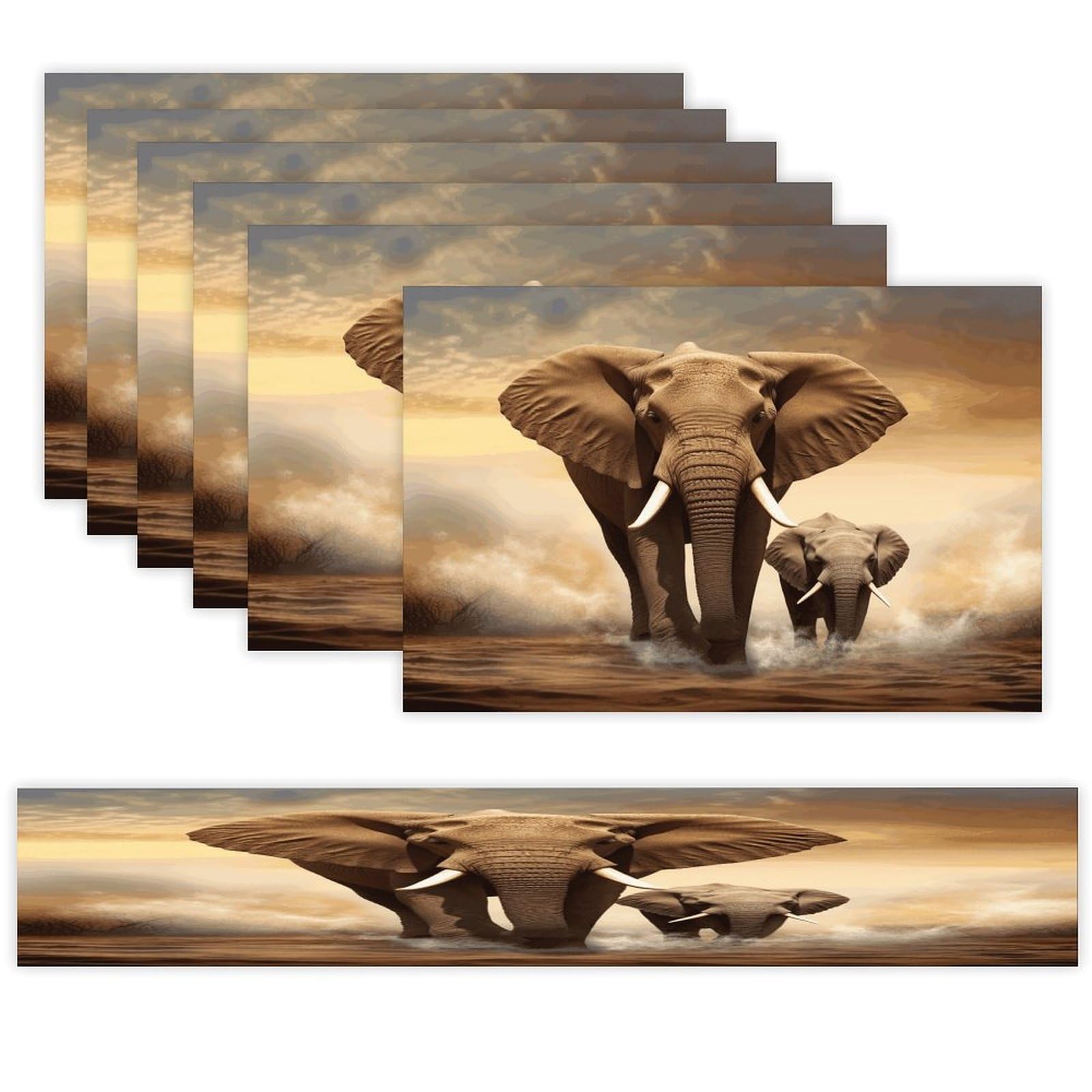 Elephant Table Runner and Placemats Set of 6 for Kitchen Washable Table Mats Heat Resistant Place Mats Non-Slip Place Mat Wipeable Placemat(6 Placemats+1 Table Runner)