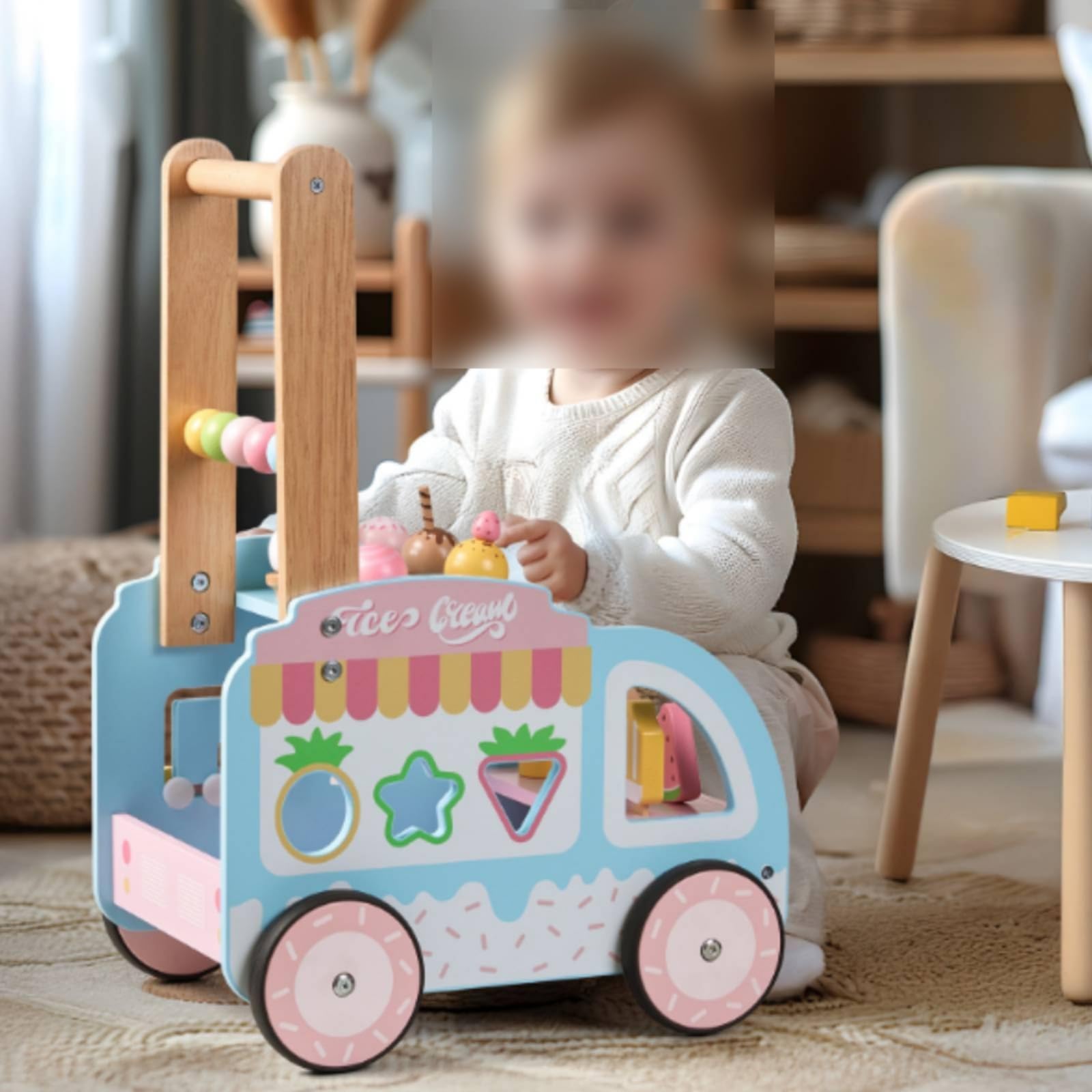 Children Lernlaufer Lauflernwagen Holz Interaktives Eiscreme-shop Motorikspiel mit Formsortierpanel für Kinder Lernen Fantasievolle Spielzeit Aktivitäten