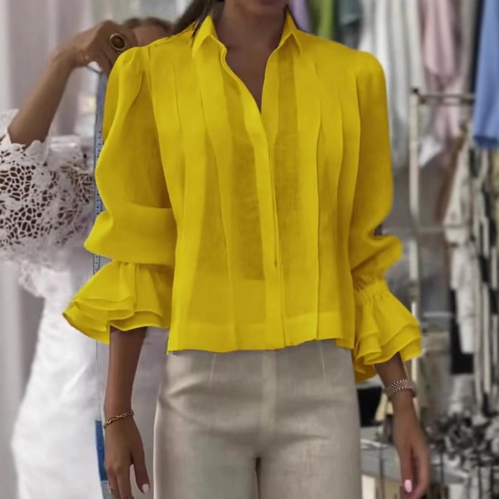 Camicia da donna con bottoni e risvolto, camicetta trasparente con pannello plissettato, sensazione in morbido misto cotone e camicia da lavoro