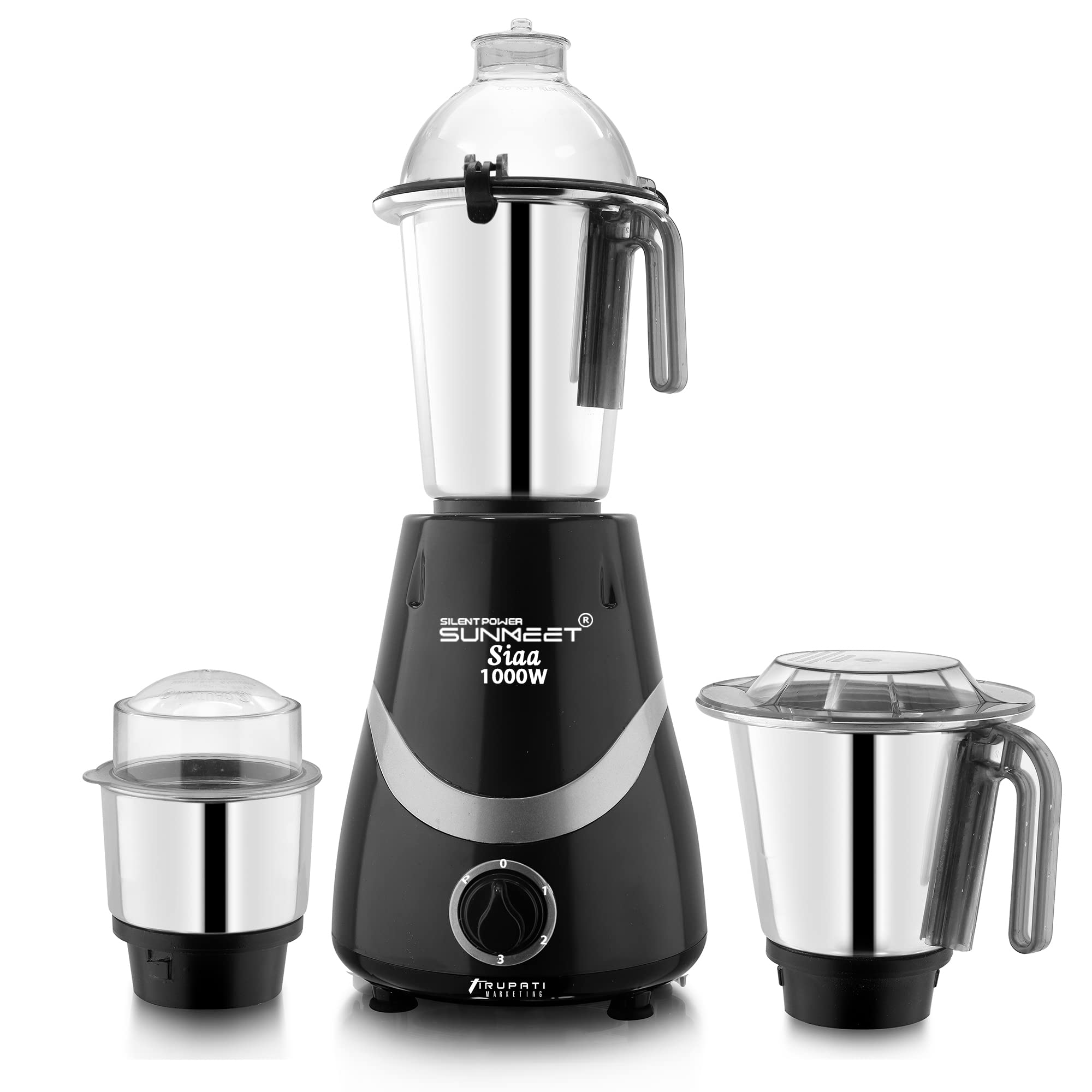 SilentPowerSunmeet Latest New Model SIAA 1000 Watts, 2 Years Warranty 100% Copper Motor,Mixer & Grinder with 3 Heavy Aluminium base Stainless Steel Jars (Dry, Chutney and Liquid) Black-Silver S3J 37 Years of Servicing.