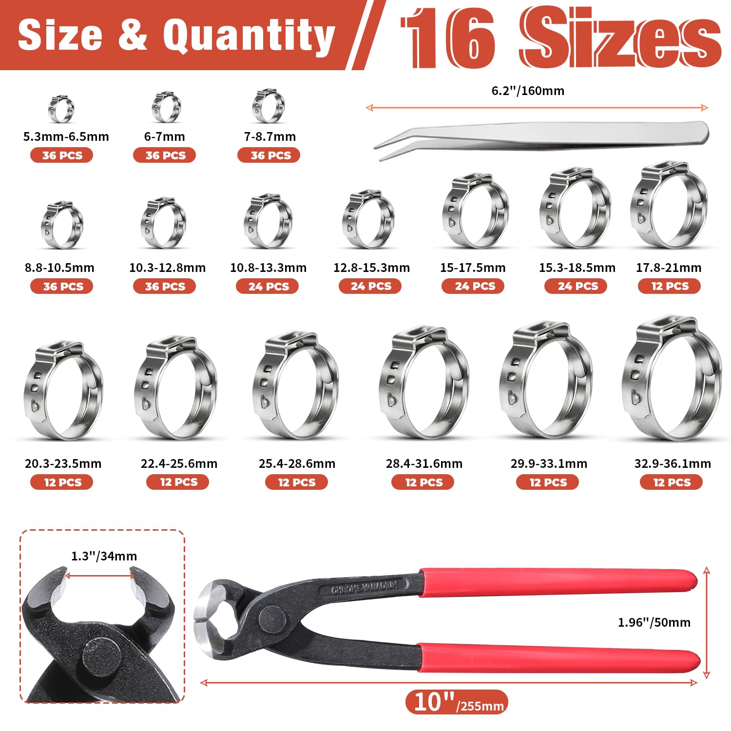360 abrazaderas de manguera de oreja única de 16 tamaños, 5.3-36.1 mm, acero inoxidable 304, abrazaderas de manguera de crimpado, kit surtido de anillos de cincha para automoción, tuberías, fontanería