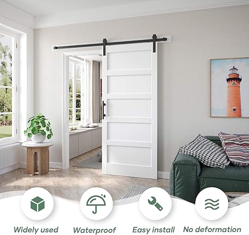 Miniatura 2 de Fredbeck Puerta de granero blanca de 36 x 84 pulgadas con kit de herrajes para puerta corredera de 6.6 pies incluido y asa, sólida, MDF, superficie