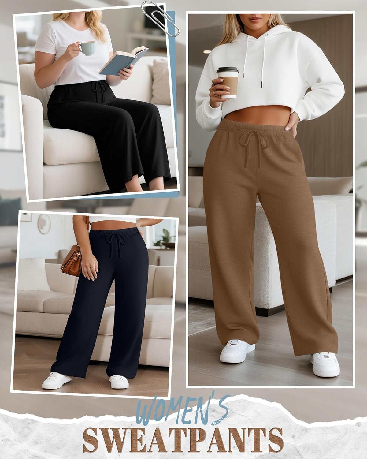 Neer 3 Pack Women's Plus Size Wide Leg Pants, Elastic Waist Lounge Pants with Pockets Drawstring Casual Pj Yoga Sweatpants - Image 5