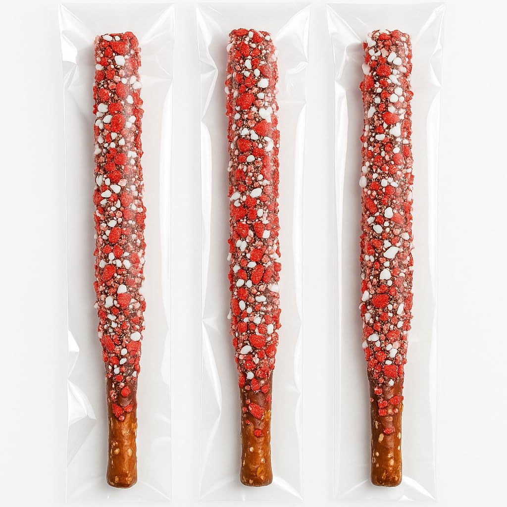 Chocolate Covered Pretzel Rods with Peppermint Crunch 20 Pack Individually Wrapped Red & White Sprinkles Holiday & Party Treats