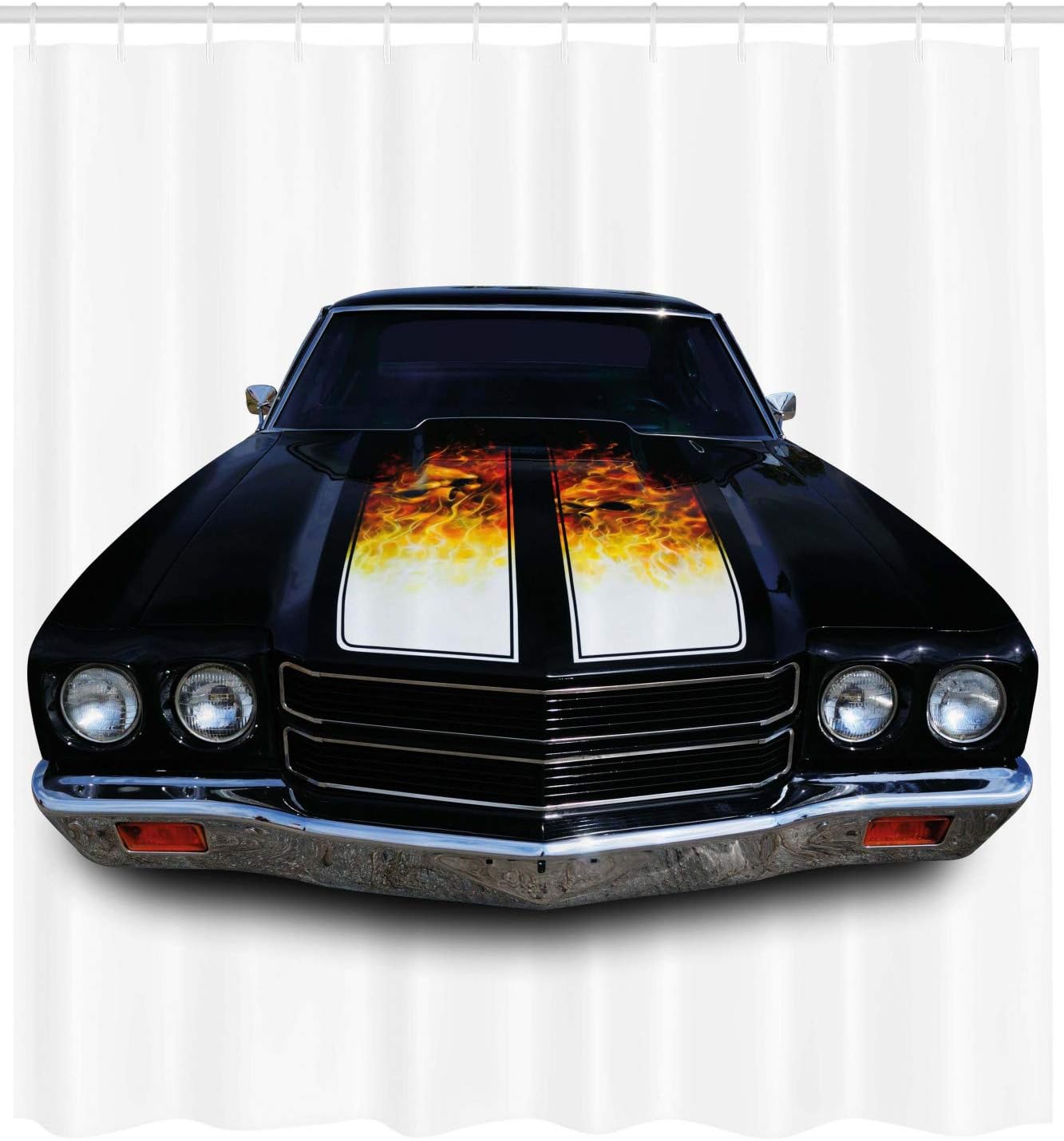 Ambesonne Classic Shower Curtain, Vintage Retro Car with Print in Front Image Art Warm Colored Design, Cloth Fabric Bathroom Decor Set with Hooks, 69" W x 84" L, Vermilion and Yellow