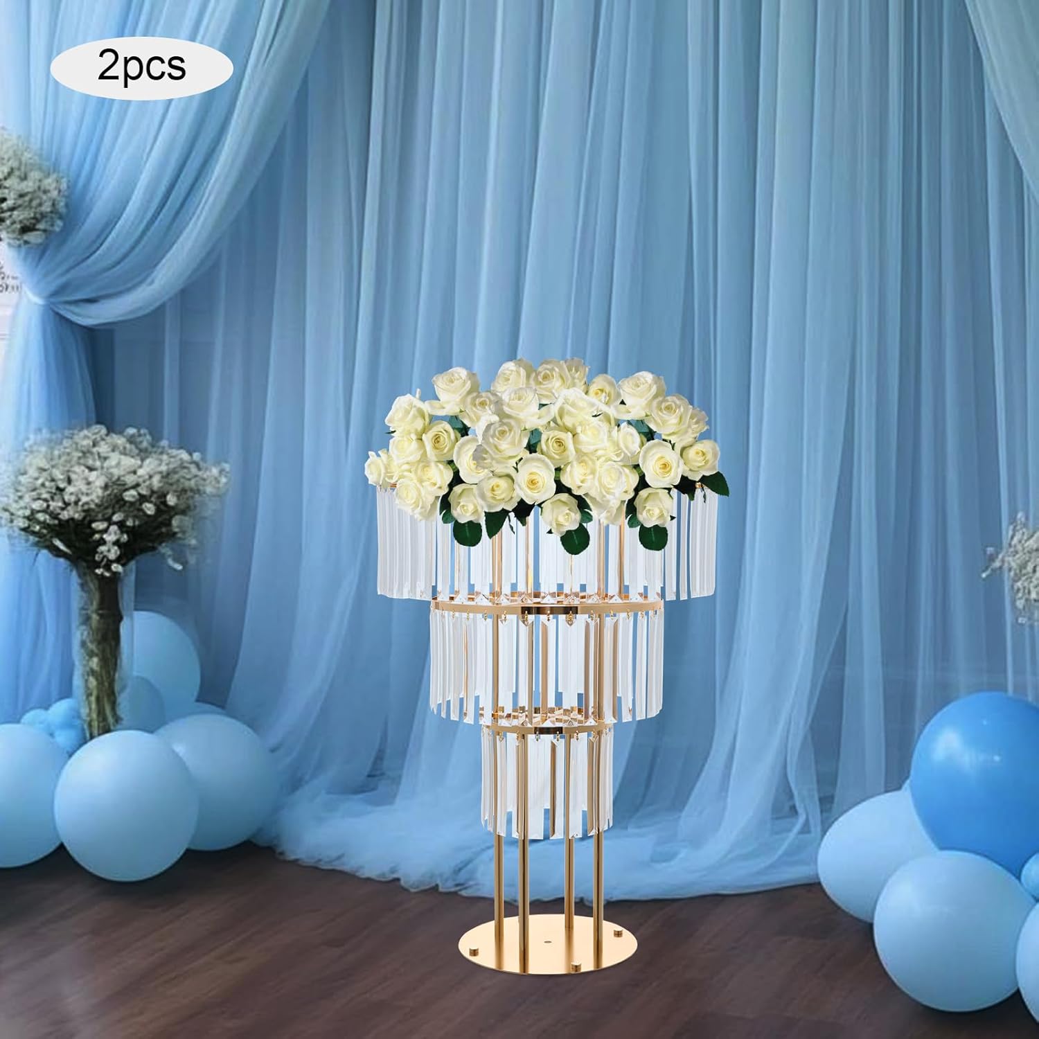 2 PCS 35.43 in Wedding Gold Vases Centerpieces Crystal Flower Stand with Hanging Crystals, 4 Tier Round Chandelier Pedestal Stand for Wedding Road Lead T Stage (3 Tiers)