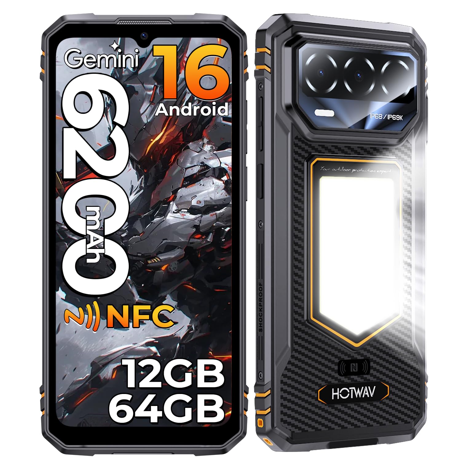 HOTWAV T8 Rugged Smartphone Android 16 Telefono Indistruttibile | 12GB+64GB/2TB TF Cellulare Robusto, 6200mAh 6.75" HD+ 5MP+20MP, Gemini AI, NFC/Face ID/OTG/GPS/Dual SIM 4G