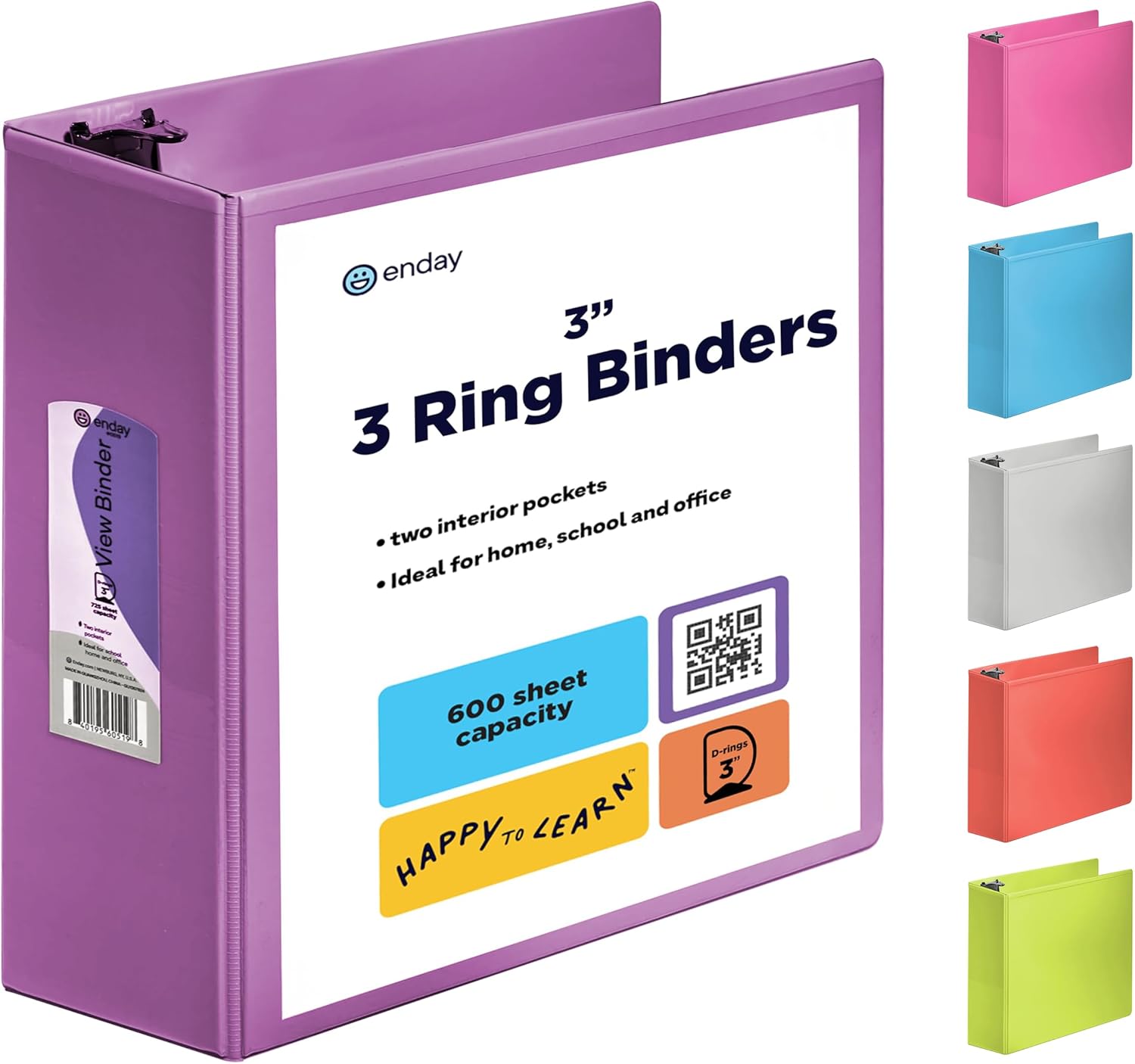 Enday 3 Inch Binder 3 Ring Binders Purple, Slant D-Ring 3” Clear View Cover with 2 Inside Pockets, Heavy Duty Colored School Supplies Office and Home Binders