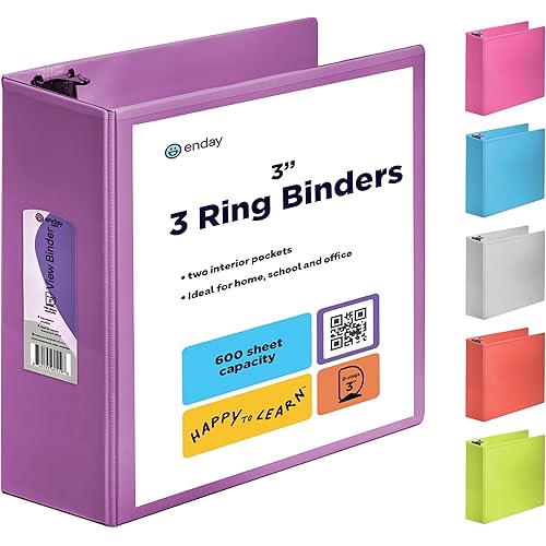 Enday 3 Inch Binder 3 Ring Binders Purple, Slant D-Ring 3” Clear View Cover with 2 Inside Pockets, Heavy Duty Colored School Supplies Office and Home Binders