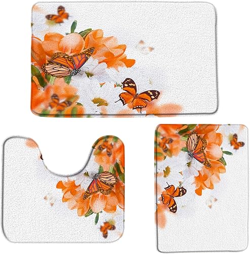 Miniatura 2 de 3 unids/set naranja flor mariposa baño Mat floral planta patrón baño alfombras brida baja pila decoración rectangular alfombra y alfombra en forma