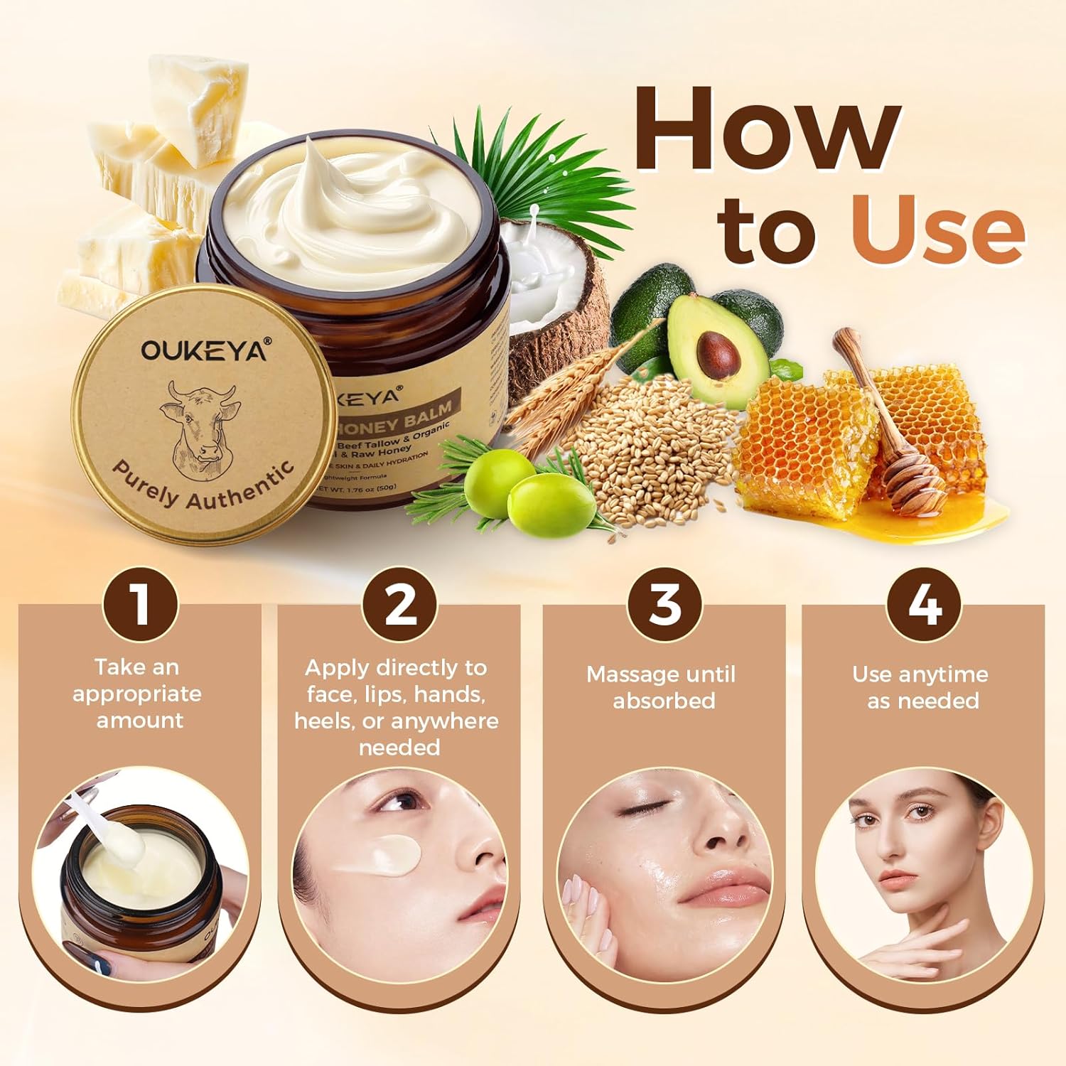 OUKEYA Beef Tallow for Face Nourishing Tallow & Honey Cream for Deep Hydration, Skin Firming & Softness 100% Natural Fed Cows for Sensitive Skin Care 50g 1.76oz - Image 8