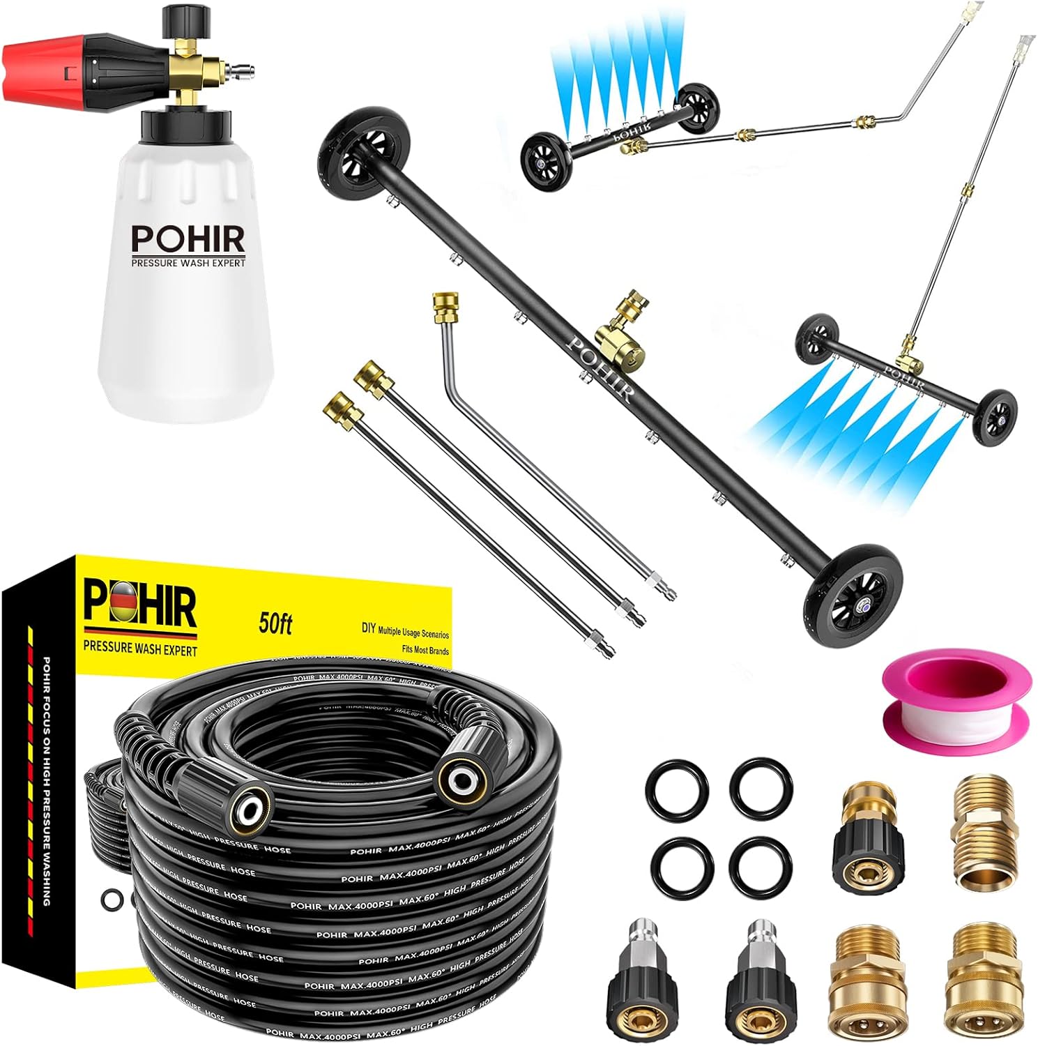 Pressure Washer Hose 50FT x 1/4" Kit with Foam Cannon